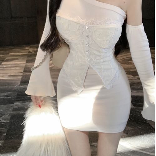 Pearl Button Lace Tube Top and One Shoulder Mini Sheath Dress Set