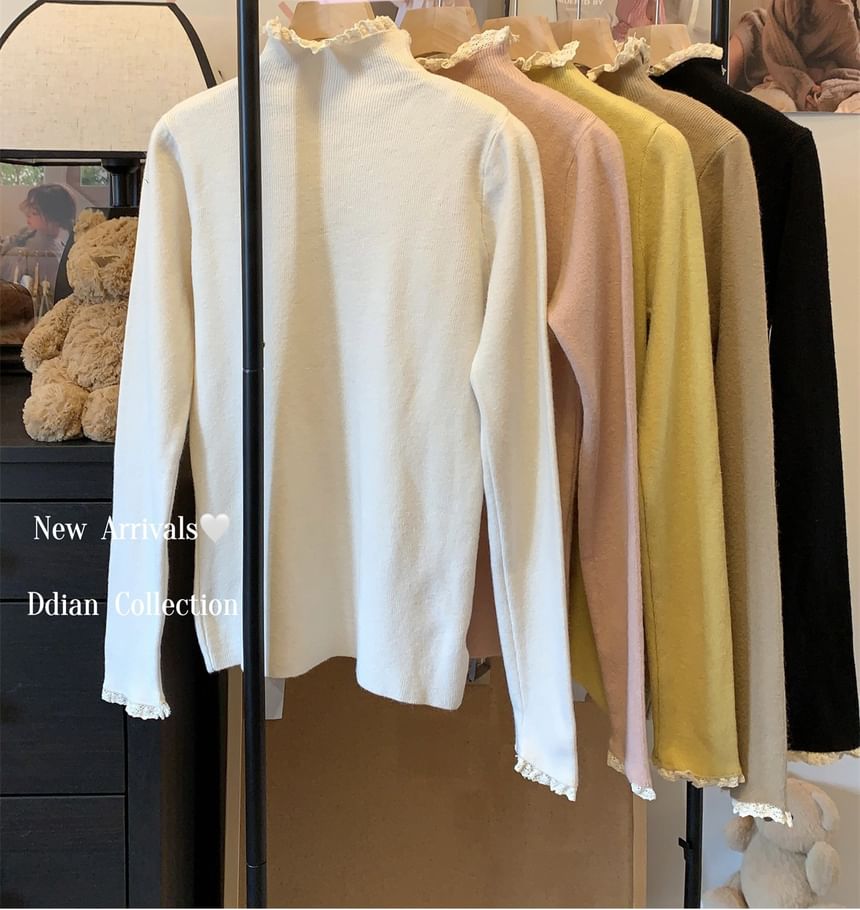 Mock Neck Lace Trim Knit Top with Long Sleeves