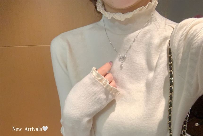 Mock Neck Lace Trim Knit Top with Long Sleeves