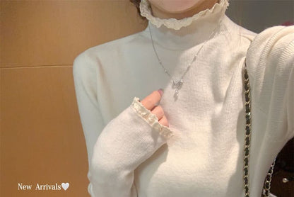 Mock Neck Lace Trim Knit Top with Long Sleeves