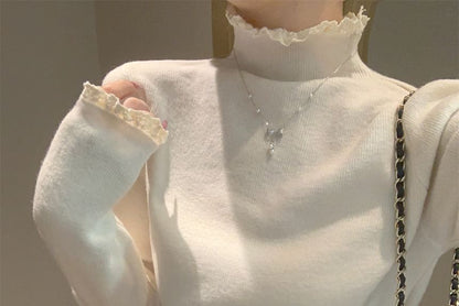 Mock Neck Lace Trim Knit Top with Long Sleeves