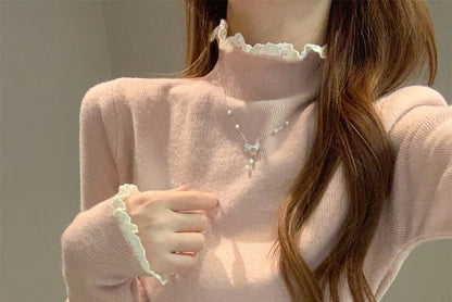 Mock Neck Lace Trim Knit Top with Long Sleeves