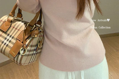 Mock Neck Lace Trim Knit Top with Long Sleeves