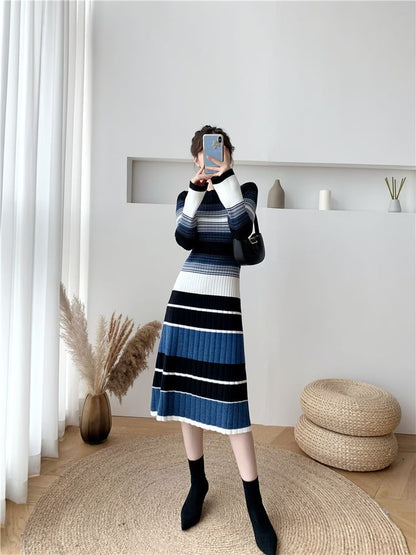 Long-Sleeve Crew Neck Striped Ribbed Knit Midi A-Line Dress