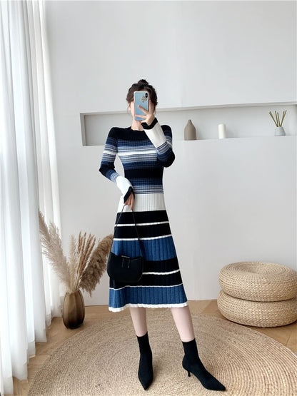 Long-Sleeve Crew Neck Striped Ribbed Knit Midi A-Line Dress