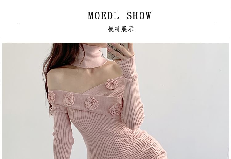 Long-Sleeve Off-Shoulder Plain Flower Detail Ribbed Knit Maxi Sheath Dress