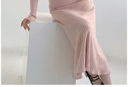 Long-Sleeve Off-Shoulder Plain Flower Detail Ribbed Knit Maxi Sheath Dress