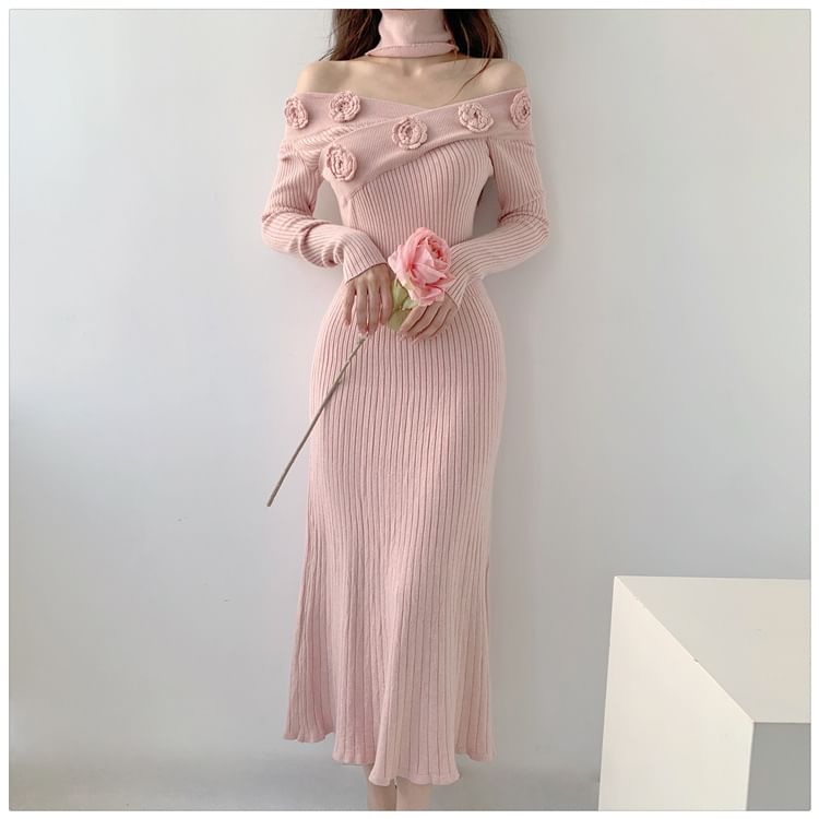 Long-Sleeve Off-Shoulder Plain Flower Detail Ribbed Knit Maxi Sheath Dress