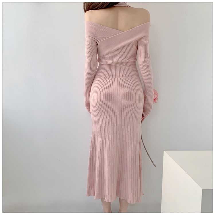 Long-Sleeve Off-Shoulder Plain Flower Detail Ribbed Knit Maxi Sheath Dress