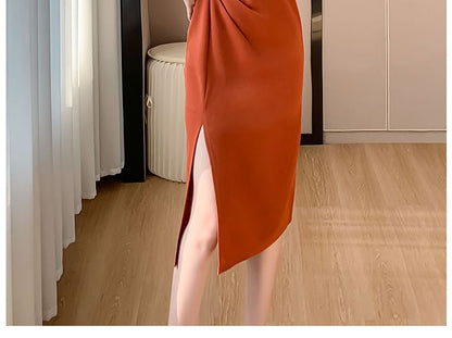 Long-Sleeve V-Neck Plain Side-Slit Ruched Midi Sheath Dress