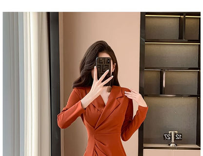 Long-Sleeve V-Neck Plain Side-Slit Ruched Midi Sheath Dress