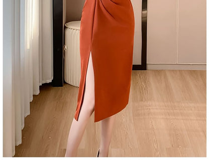 Long-Sleeve V-Neck Plain Side-Slit Ruched Midi Sheath Dress