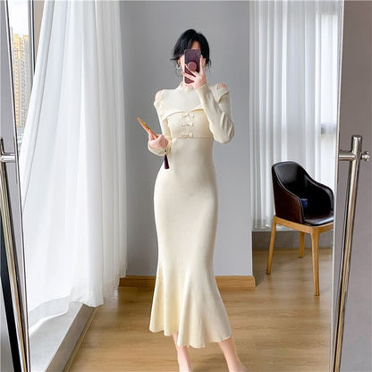 Long-Sleeve Cold-Shoulder Plain Bow Ribbed Knit Midi Mermaid Dress