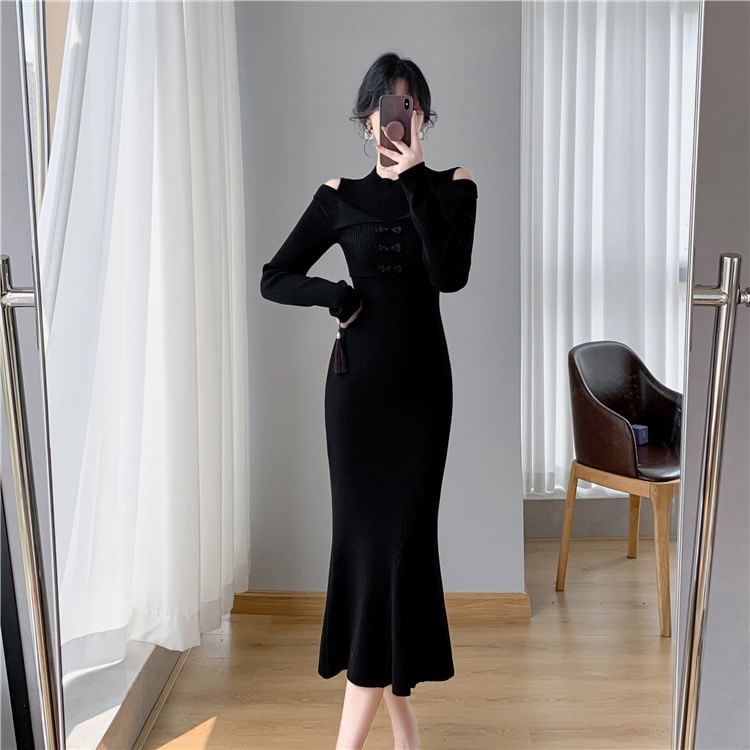 Long-Sleeve Cold-Shoulder Plain Bow Ribbed Knit Midi Mermaid Dress