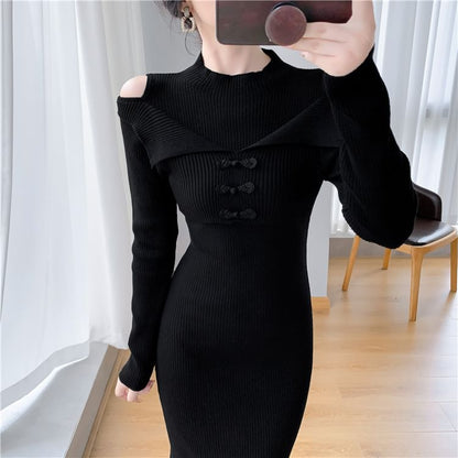 Long-Sleeve Cold-Shoulder Plain Bow Ribbed Knit Midi Mermaid Dress