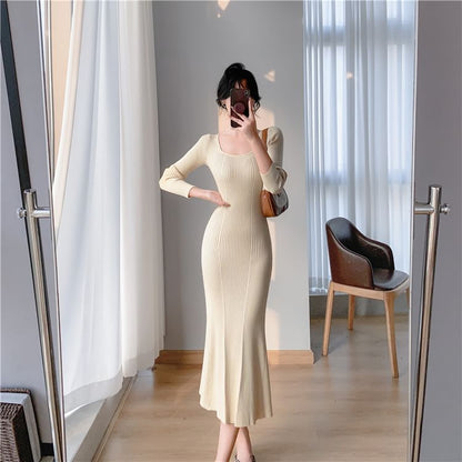 Long-Sleeve Scoop Neck Plain Ribbed Knit Midi Mermaid Dress