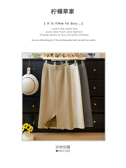 Cozy Knit Skirt with Side Slit - Five Color Options