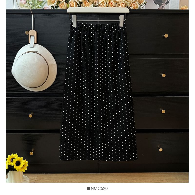 Polka Dot Midi Skirt with Back Slit - Retro Style