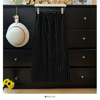 Polka Dot Midi Skirt with Back Slit - Retro Style