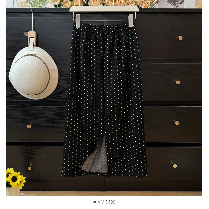 Polka Dot Midi Skirt with Back Slit - Retro Style