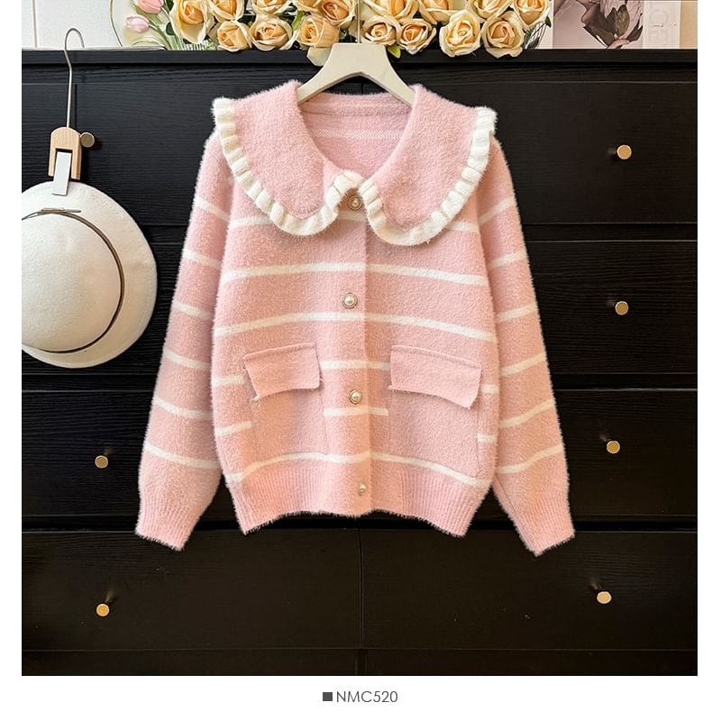 Peter Pan Collar Striped Cardigan with Pocket