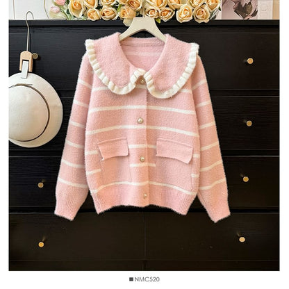 Peter Pan Collar Striped Cardigan with Pocket