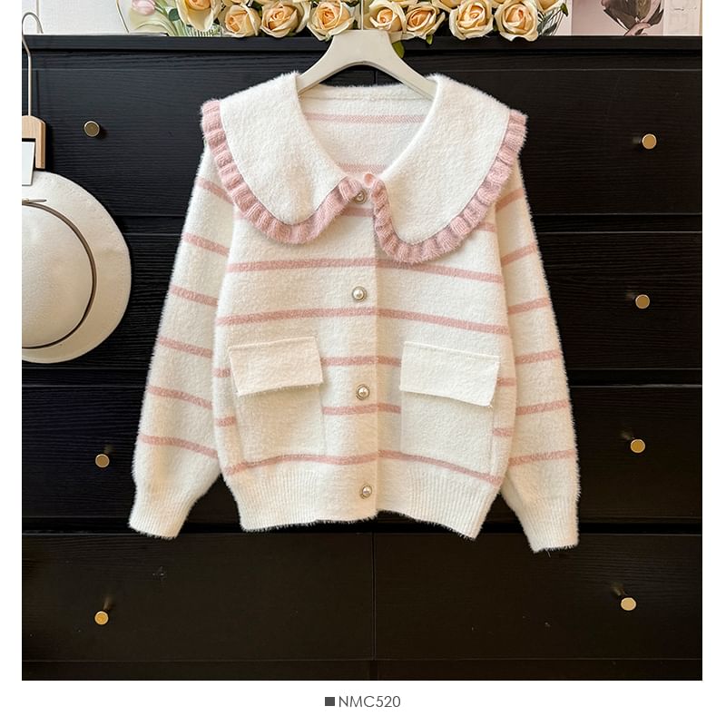 Peter Pan Collar Striped Cardigan with Pocket