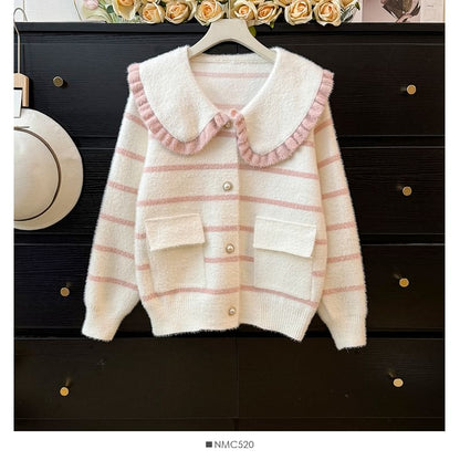 Peter Pan Collar Striped Cardigan with Pocket