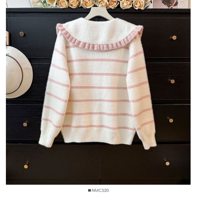 Peter Pan Collar Striped Cardigan with Pocket