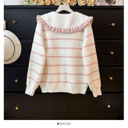 Peter Pan Collar Striped Cardigan with Pocket