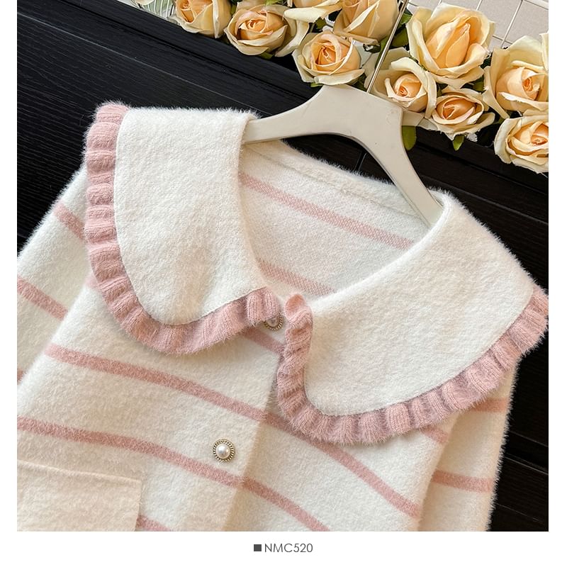 Peter Pan Collar Striped Cardigan with Pocket