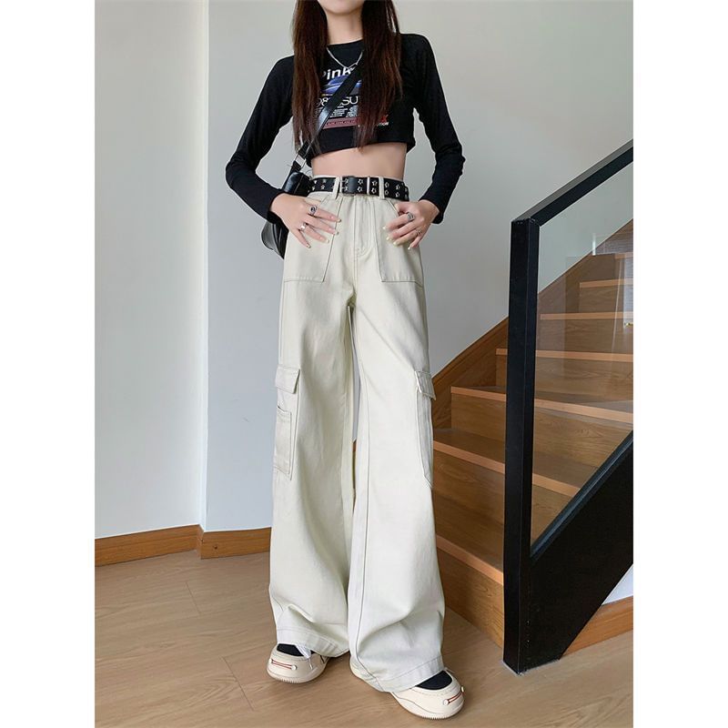 High Waist Plain Fleece-Lined Wide Leg Cargo Pants