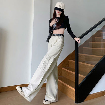 High Waist Plain Fleece-Lined Wide Leg Cargo Pants