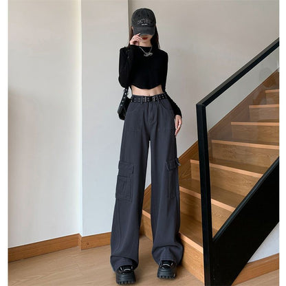 High Waist Plain Fleece-Lined Wide Leg Cargo Pants