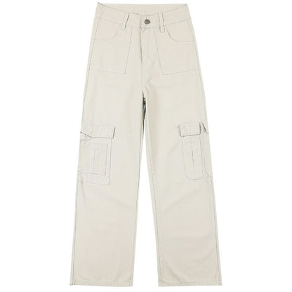 High Waist Plain Fleece-Lined Wide Leg Cargo Pants