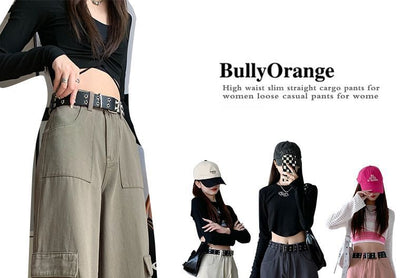 High Waist Plain Fleece-Lined Wide Leg Cargo Pants