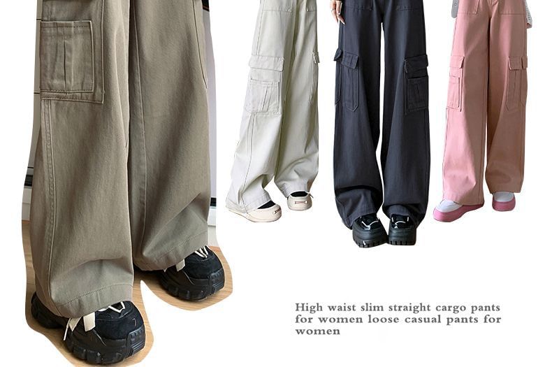 High Waist Plain Fleece-Lined Wide Leg Cargo Pants