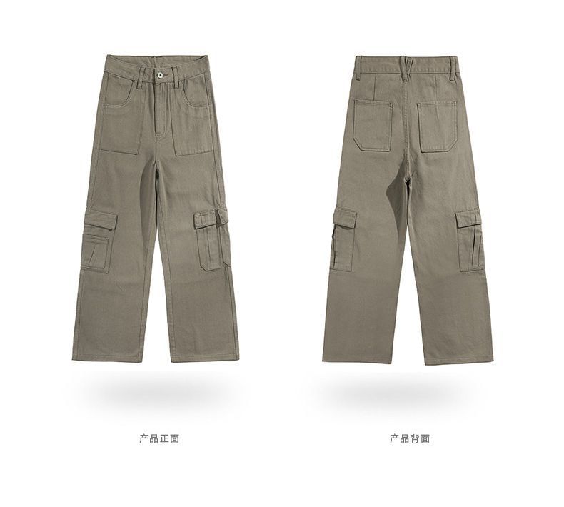 High Waist Plain Fleece-Lined Wide Leg Cargo Pants