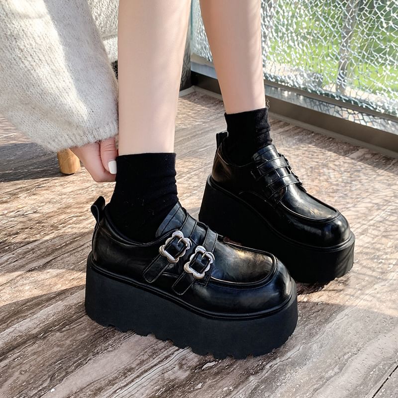 Faux Leather Buckled Ankle Shoes