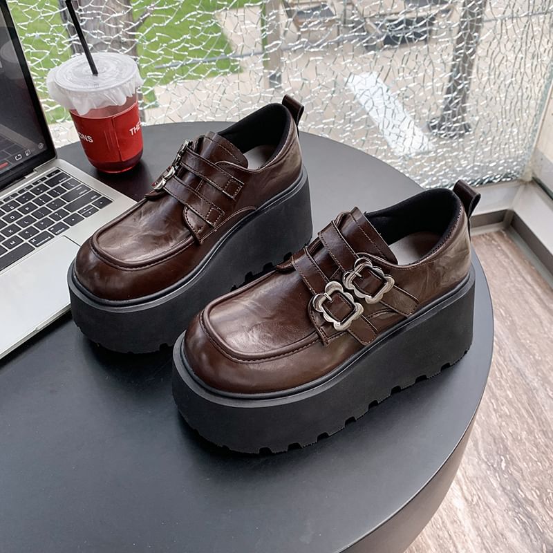 Faux Leather Buckled Ankle Shoes