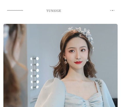 Faux Puff-Sleeve Evening Gown Plain A-Line Pearl