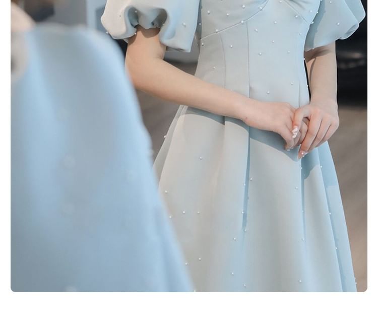 Puff-Sleeve Plain Faux Pearl A-Line Evening Gown