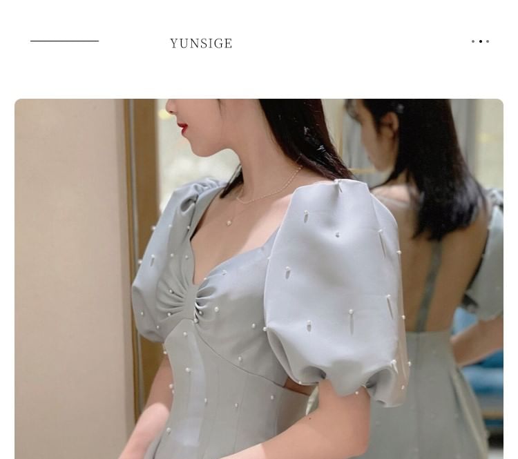 Puff-Sleeve Plain Faux Pearl A-Line Evening Gown