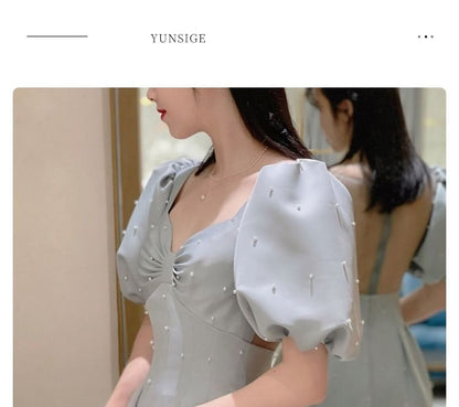 Puff-Sleeve Plain Faux Pearl A-Line Evening Gown
