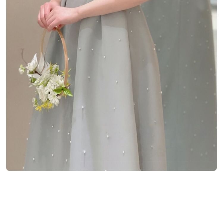 Puff-Sleeve Plain Faux Pearl A-Line Evening Gown