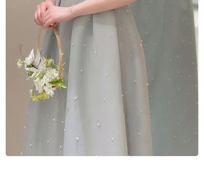 Puff-Sleeve Plain Faux Pearl A-Line Evening Gown