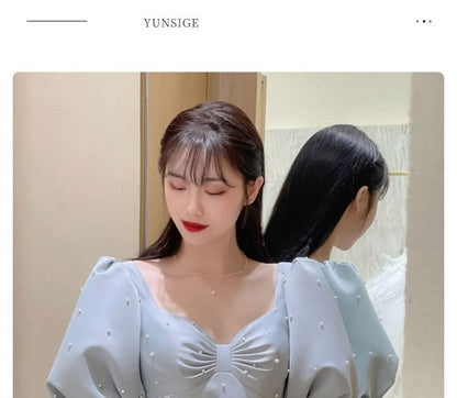 Faux Puff-Sleeve Evening Gown Plain A-Line Pearl