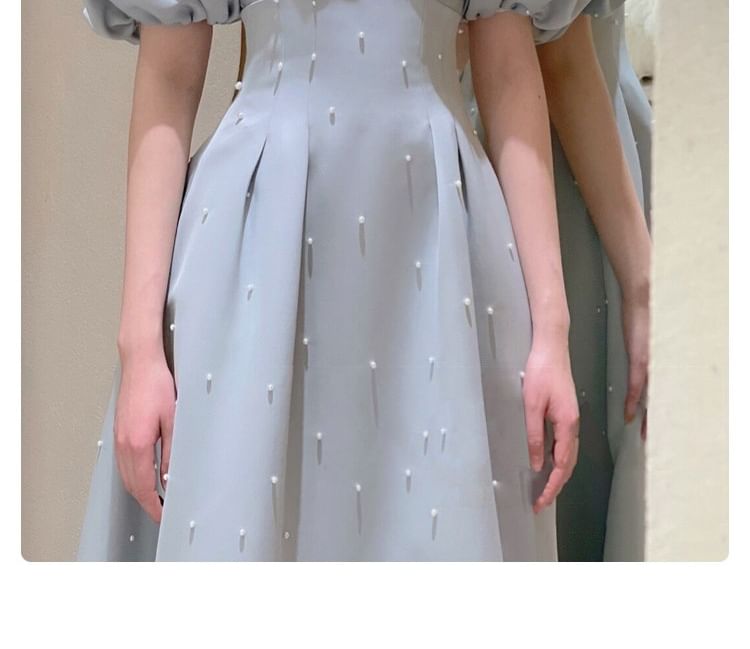 Puff-Sleeve Plain Faux Pearl A-Line Evening Gown