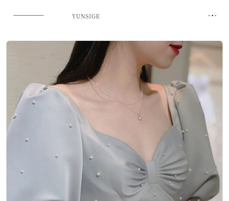 Faux Puff-Sleeve Evening Gown Plain A-Line Pearl