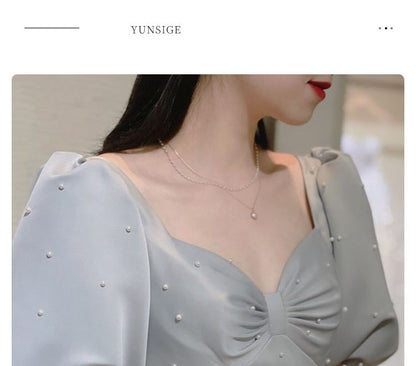 Faux Puff-Sleeve Evening Gown Plain A-Line Pearl